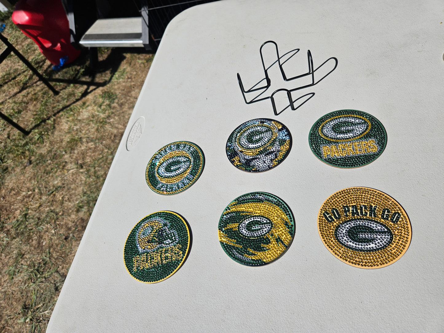 Set of 6 Green Bay Packers diamond painted coasters.